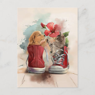 Kitten and puppy greet each other postcard