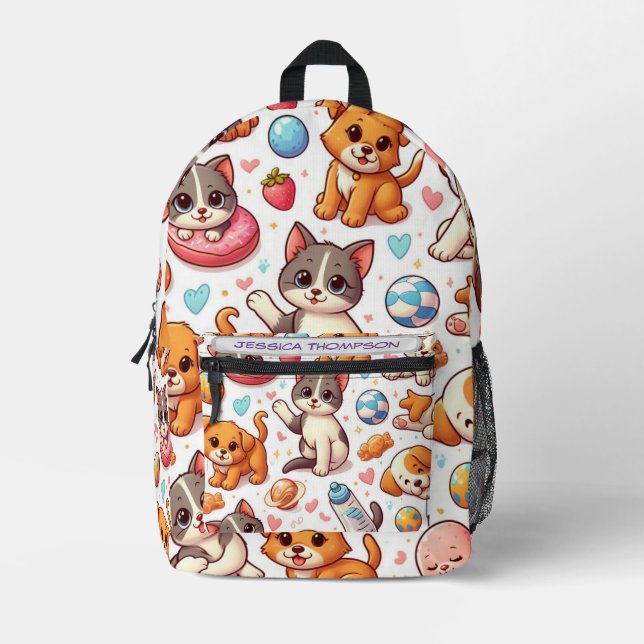 Kitten and puppy pattern personalized kids  printed backpack (Front)