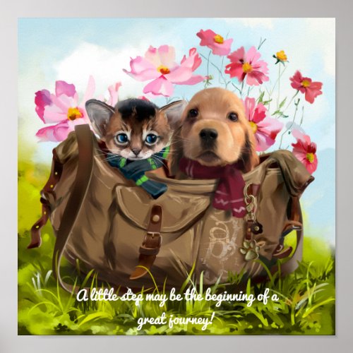 Kitten and puppy travel in a bag	 poster