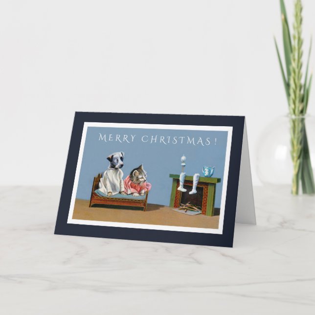 Kitten and Puppy Wait for Santa Christmas Card (Front)