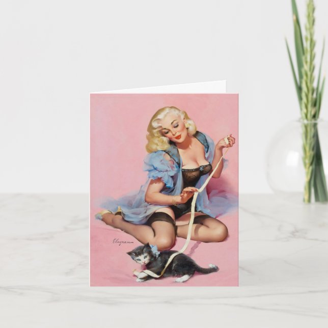 Kitten and Vintage Pinup Birthday Card (Front)