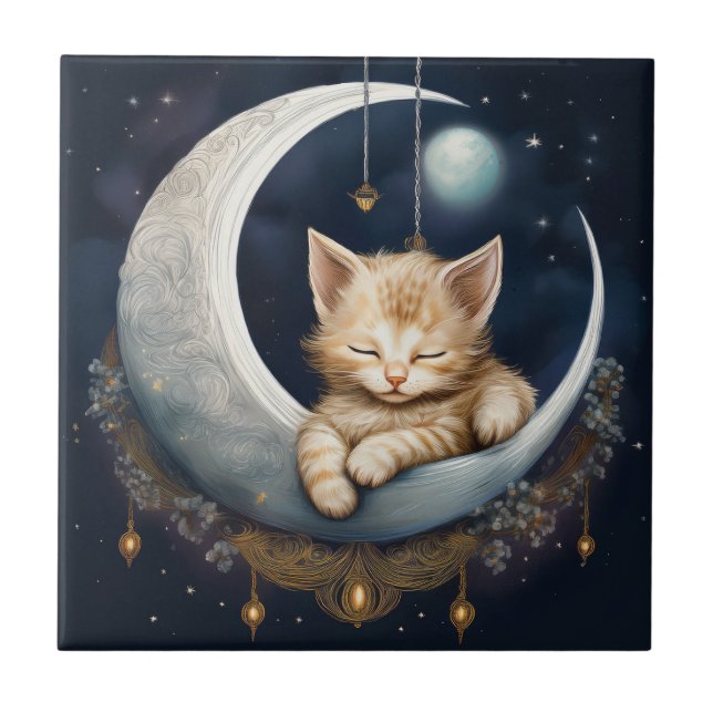 Kitten Asleep On Crescent Moon Object Ceramic Tile (Front)