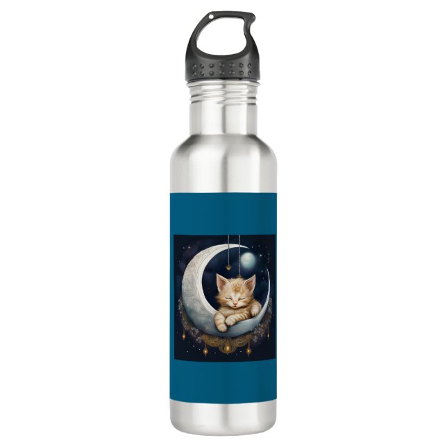 Kitten Asleep On Crescent Moon Object Stainless Steel Water Bottle (Front)