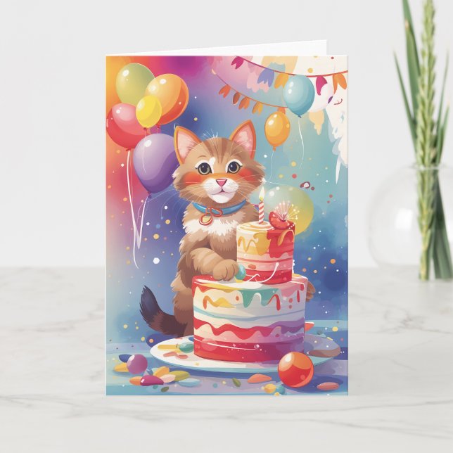 Kitten at Colorful Celebration Party Card (Front)