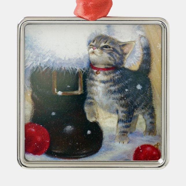 Kitten at Santa's Boot Metal Ornament (Front)