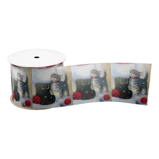 Kitten at Santa's Boot Satin Ribbon (Spool)