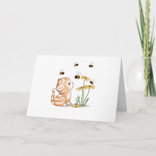 Kitten Bees Flowers Blank Greeting Card