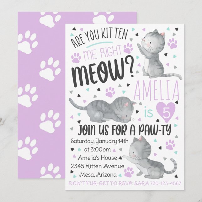 Kitten Birthday Invitation, Are You Kitten Me Invitation (Front/Back)
