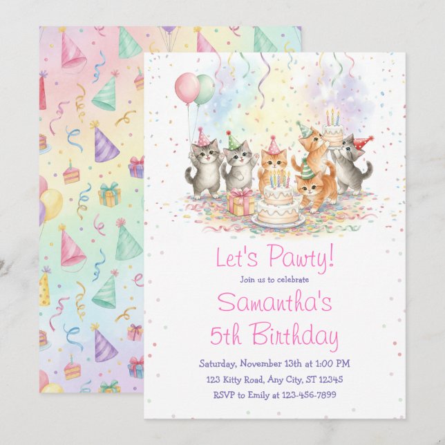 Kitten Birthday Invitation, Cute Cat Girl Theme Invitation (Front/Back)
