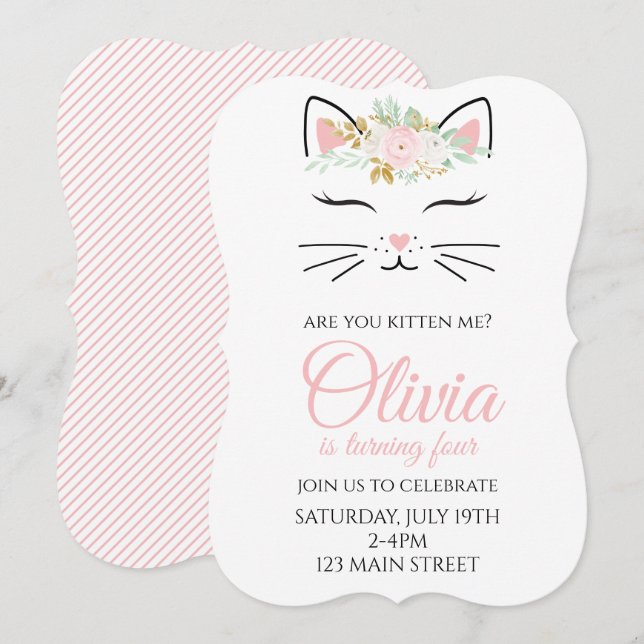 Kitten Birthday Invite with floral kitty face (Front/Back)