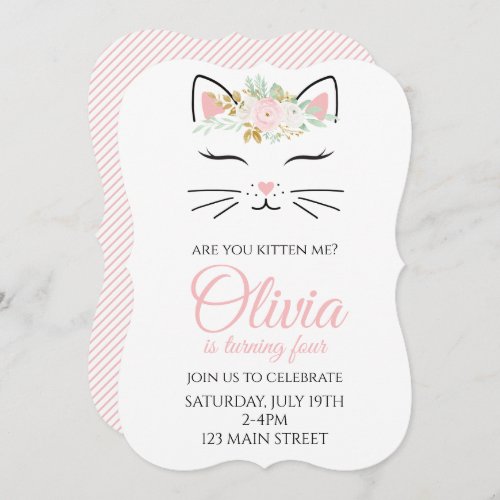 Kitten Birthday Invite with floral kitty face