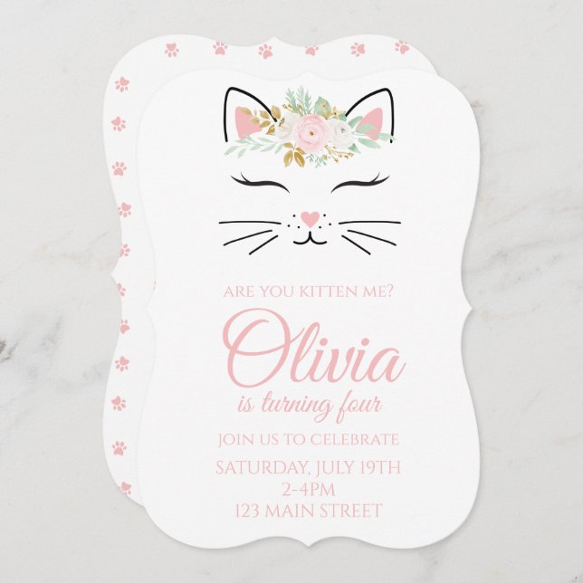 Kitten Birthday Invite with floral kitty face (Front/Back)