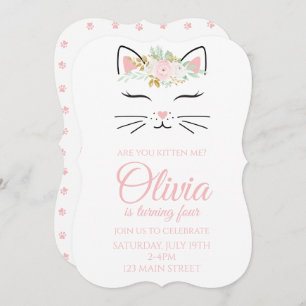 Kitten Birthday Invite with floral kitty face