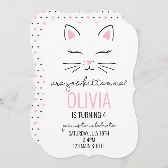 Kitten Birthday Invite with pink hearts kitty face (Front/Back)