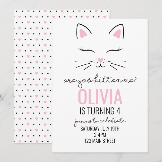 Kitten Birthday Invite with pink hearts kitty face (Front/Back)