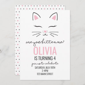 Kitten Birthday Invite with pink hearts kitty face