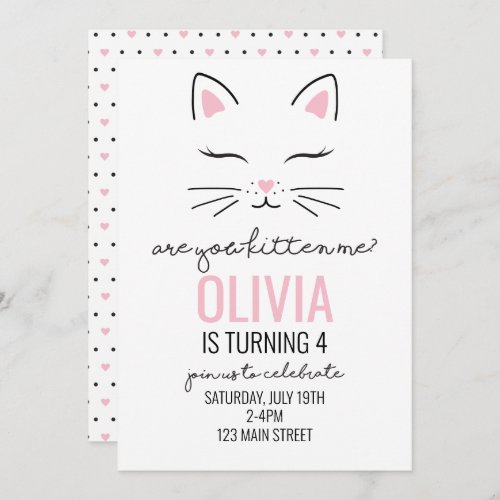 Kitten Birthday Invite with pink hearts kitty face