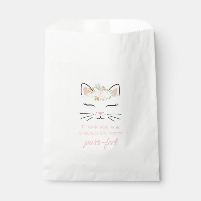 Kitten Birthday Party favor bags floral kitty face (Front)
