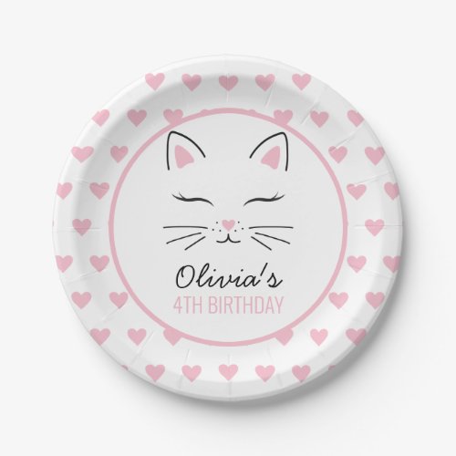 Kitten Birthday Party Plates with pink hearts
