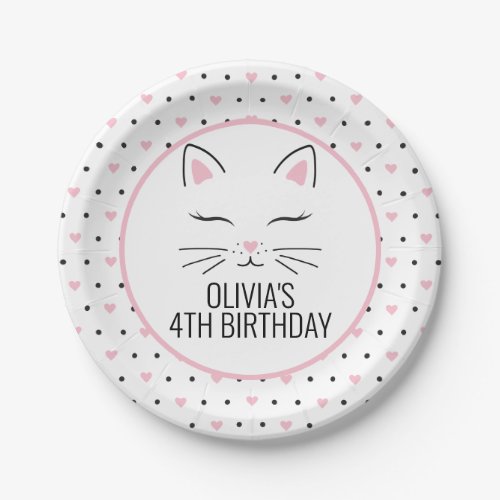 Kitten Birthday Party Plates with pink hearts
