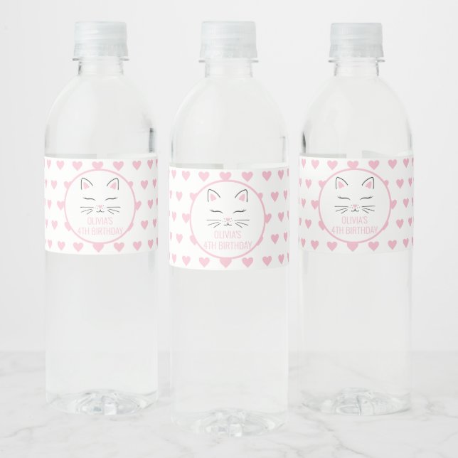 Kitten Birthday Party Water Bottle Labels Hearts (Bottles)