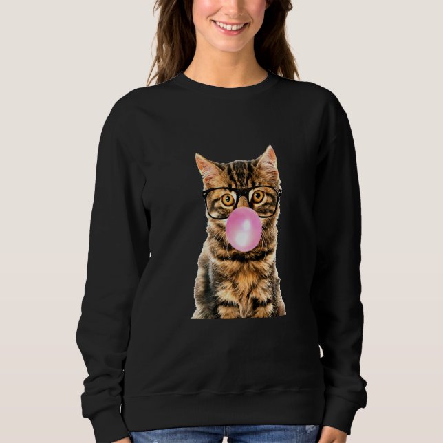 Kitten Blowing Bubble Gum  Cute Kitty With Glasses Sweatshirt (Front)
