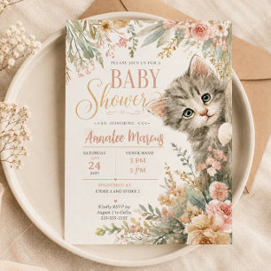 Kitten Blush Pink Floral Baby Shower Invitation