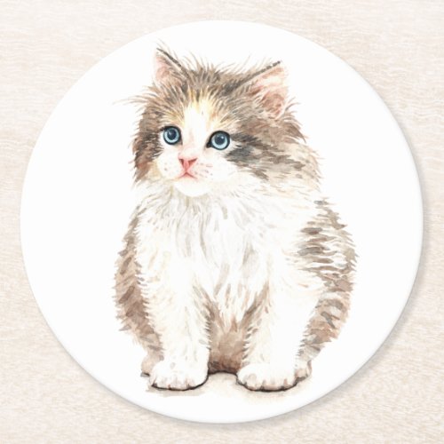 Kitten Brown White kitty Watercolor Cute Cat Round Paper Coaster