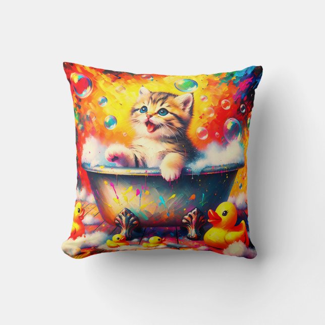 Kitten Bubble Bath Throw Pillow (Front)