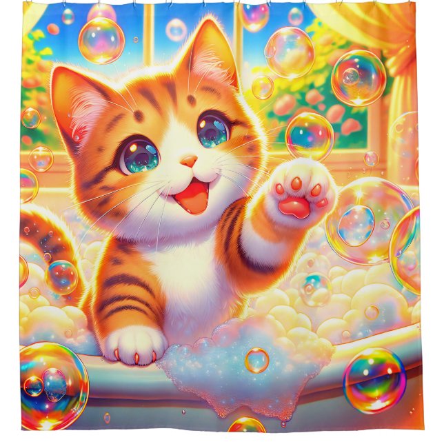 "Kitten Bubble Bliss" Shower Curtain (Front)