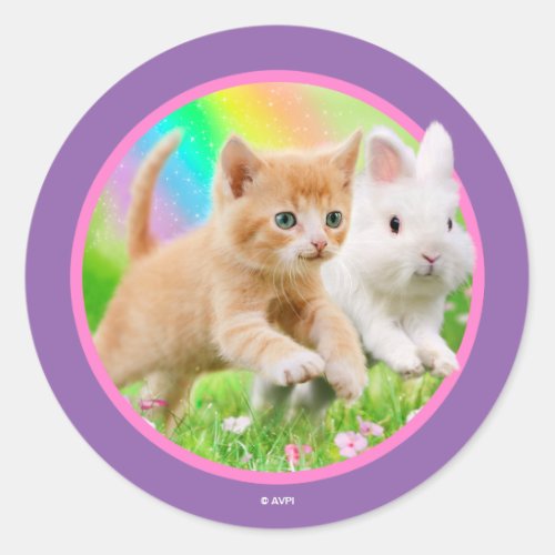 Kitten  Bunny with Rainbow Classic Round Sticker