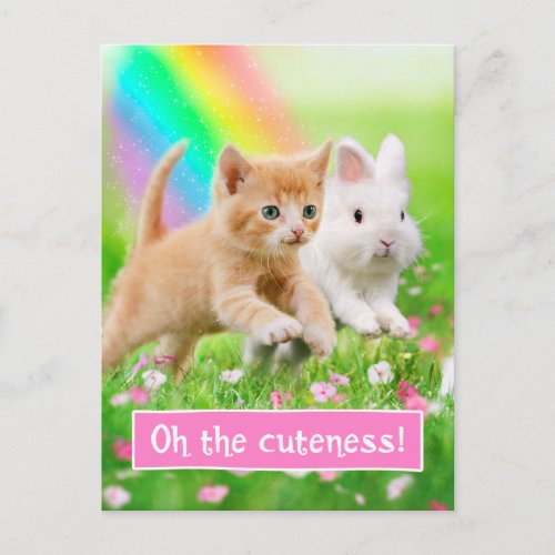 Kitten  Bunny with Rainbow Postcard
