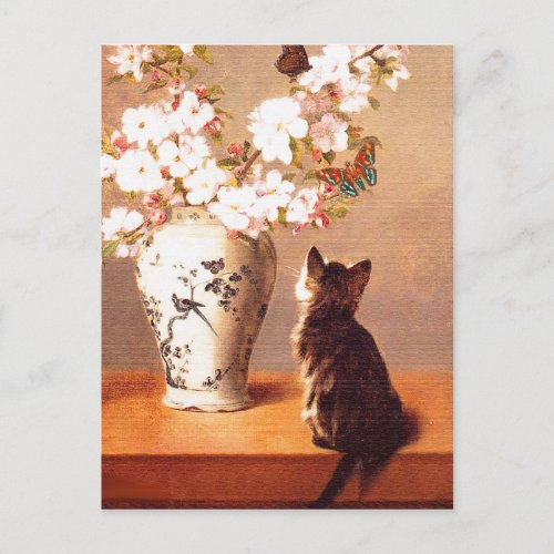 Kitten Butterfly and Flowers Postcard
