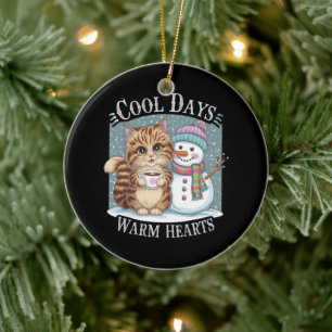 Kitten Cat and Snowman Friends Share Coffee Winter Ceramic Ornament