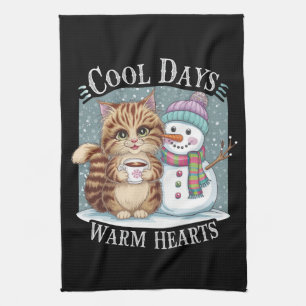 Kitten Cat and Snowman Friends Share Coffee Winter Kitchen Towel