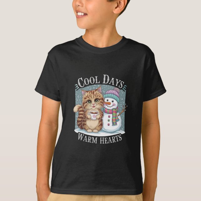 Kitten Cat and Snowman Friends Share Coffee Winter T-Shirt (Front)