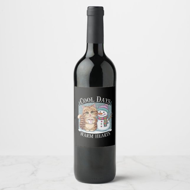 Kitten Cat and Snowman Friends Share Coffee Winter Wine Label (Front)