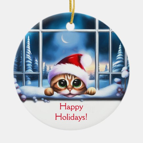 Kitten Cat Christmas Looking Through Window Ceramic Ornament