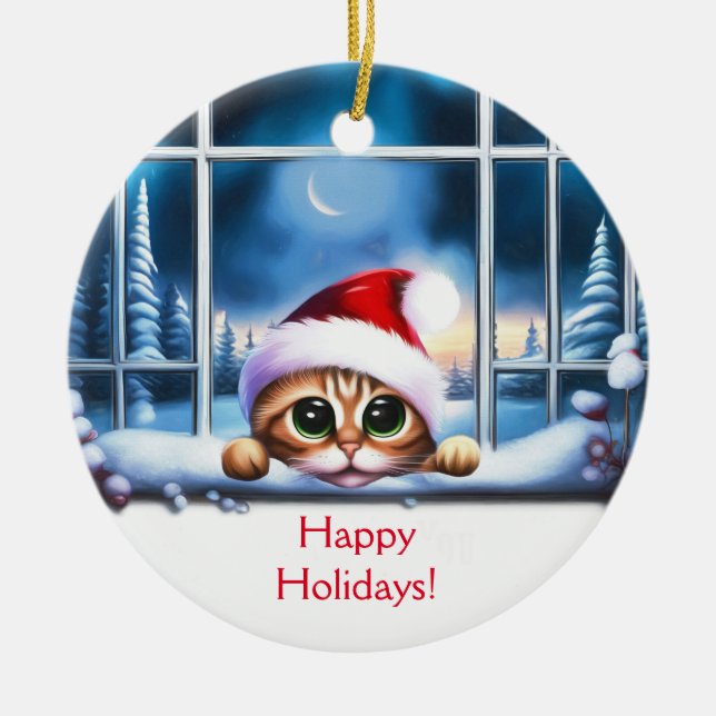 Kitten Cat Christmas Looking Through Window Ceramic Ornament (Front)