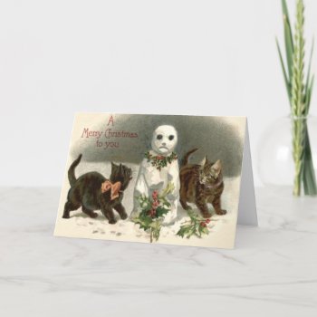 Kitten Cat Curious Snowman Holly Wreath Holiday Card by kinhinputainwelte at Zazzle