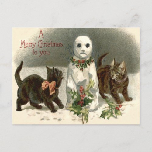 Kitten Cat Curious Snowman Holly Wreath Postcard