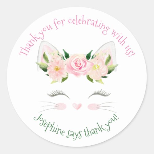 Kitten Cat Flowers Birthday Classic Round Sticker