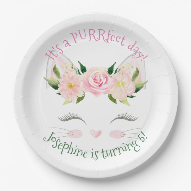 Kitten Cat Flowers Birthday Paper Plates (Front)