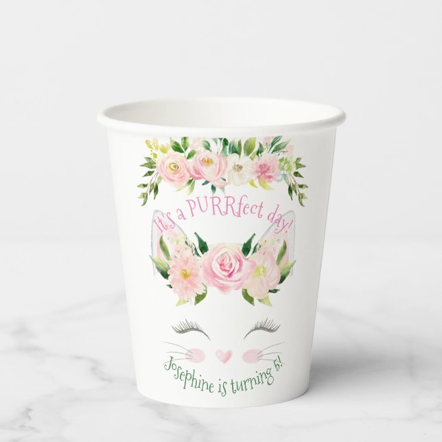 Kitten Cat Kitty Birthday Floral Paper Cups (Back)