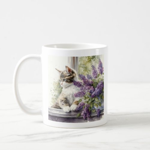 Kitten Cat Lavender Flowers Window Sunlight  Coffee Mug