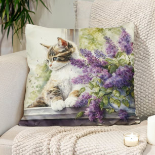 Kitten Cat Lavender Flowers Window Sunlight  Throw Pillow