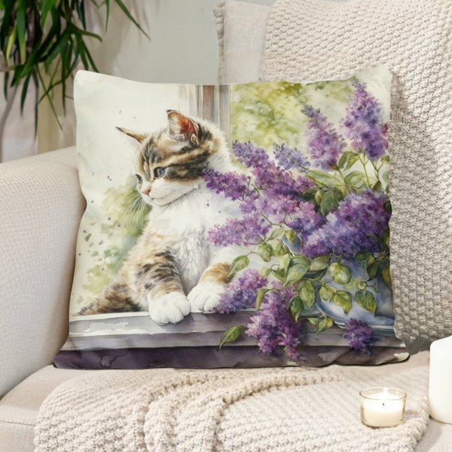 Kitten Cat Lavender Flowers Window Sunlight  Throw Pillow (Pillow with the watercolor painting of a cat and a vase of lavender flowers. )