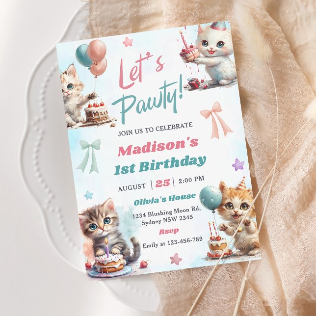 Kitten Cat Let's Pawty 1st Birthday Party Invitati Invitation (Creator Uploaded)