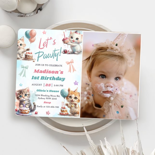 Kitten Cat Let's Pawty 1st Birthday Party Photo  Invitation (Creator Uploaded)