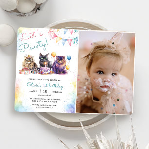 Kitten Cat Let's Pawty 1st Birthday Party Photo Invitation